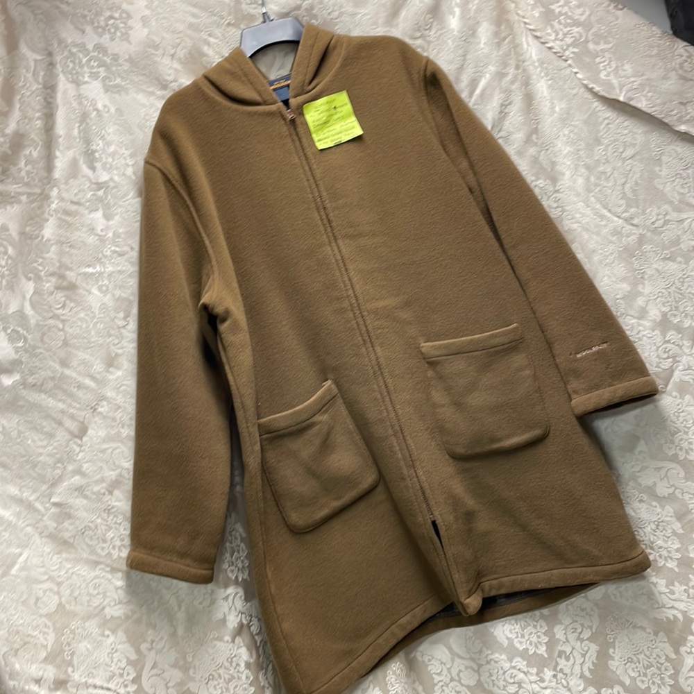 Woolrich Ladies XL Hooded Knee Length Zipper Coat Brown Sugar w Plaid Lining